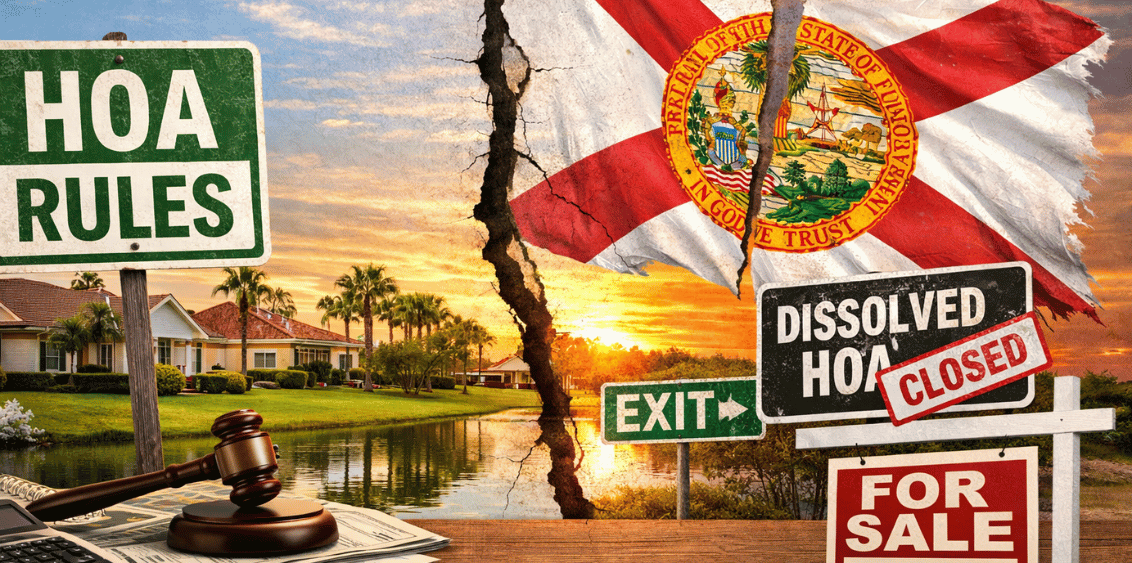 Florida HOA legislation concept image showing a suburban neighborhood with an HOA rules sign, a Florida state flag, and a “Dissolved HOA” sign representing the proposed House Bill 657 that could allow homeowners to terminate their homeowners’ association under certain conditions.