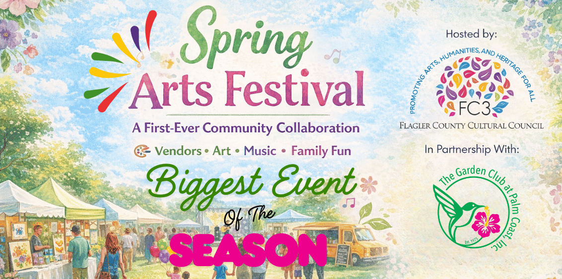 Spring Arts Festival Palm Coast Central Park May 9 9 AM – 4 PM Flagler County Cultural Council and Garden Club at Palm Coast collaboration vendors artists live music food trucks family event