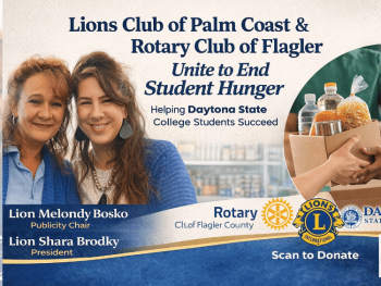 Lions Club of Palm Coast and Rotary Club of Flagler County leaders Melondy Bosko and Shara Brodsky unite to support Daytona State College students through the Falcon Fuel Donation Drive in Palm Coast Florida | Palm Coast Local