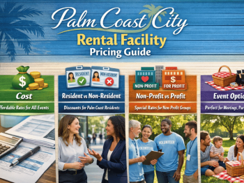 Scenic waterfront pavilion in Palm Coast, Florida with picnic tables and shaded seating overlooking calm water, representing local park facility rentals for meetings, events, and gatherings.