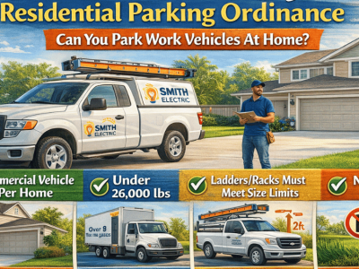 Palm Coast residential parking ordinance infographic showing rules for commercial vehicles, driveway parking limits, and restrictions on RVs, boats, and trailers