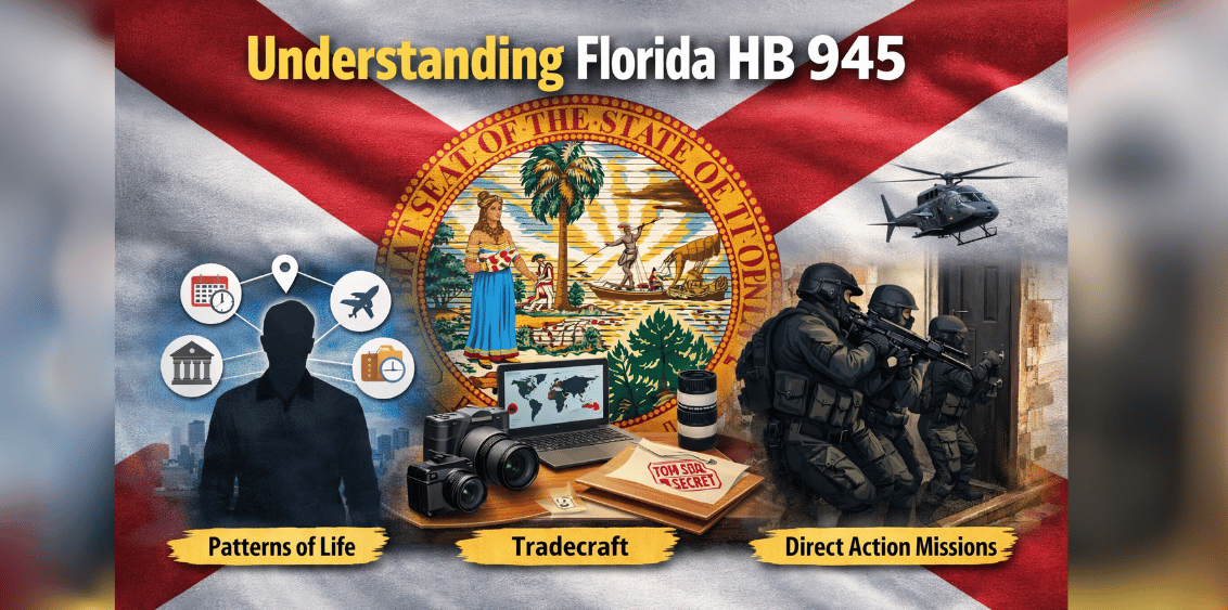 Illustration of Florida House Bill 945 showing key intelligence terms “Patterns of Life,” “Tradecraft,” and “Direct Action Missions” over the Florida state flag to represent the proposed statewide counterintelligence and counterterrorism unit.