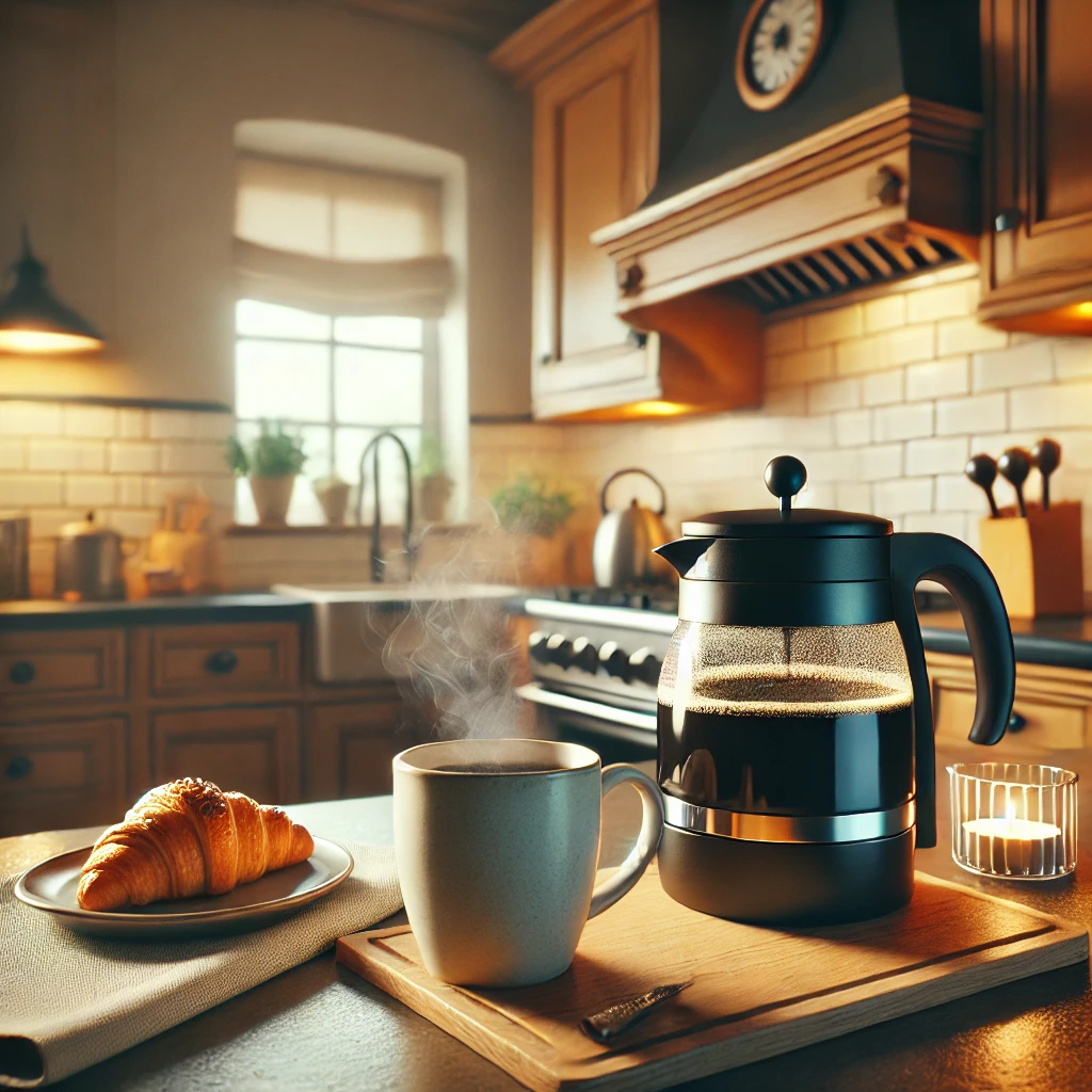 A steaming coffee pot si