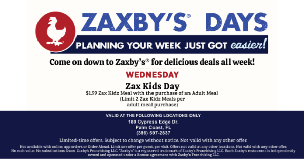 Sept 10, 2025 ZAX Kids Meal 1.99 with purchase of Adult Meal | Palm Coast Local Restaurant Discount