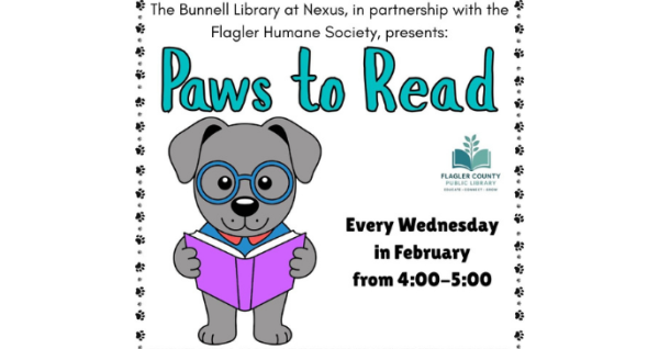 Paws to Read program at Bunnell Library featuring children ages 4–10 reading to licensed therapy dogs every Wednesday from 4:00–5:00 p.m. in partnership with the Flagler Humane Society.
