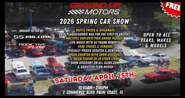 Palm Coast car show with classic and modern vehicles, food trucks, vendors, and live music on April 25, 2026 from 10 AM to 2 PM.