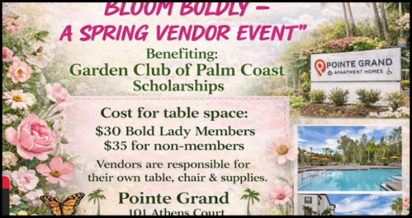 Palm Coast spring vendor event with local businesses, artisans, and community shopping at Pointe Grand Apartments on April 21, 2026 from 4 PM to 7 PM.