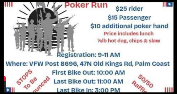 April 18, 2026 VFW Palm Coast Poker Run registration 9 AM to 11 AM Old Kings Road event riders passengers lunch raffle community event | Palm Coast Local Event